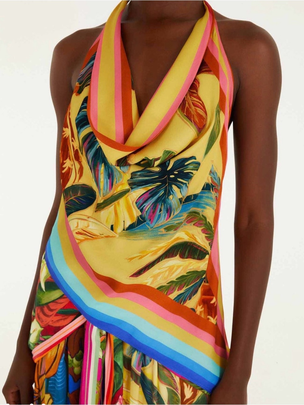 FARM Rio Yellow Tropical Scarf Halter Top with Multicolor Stripes - Picture 2 of 6